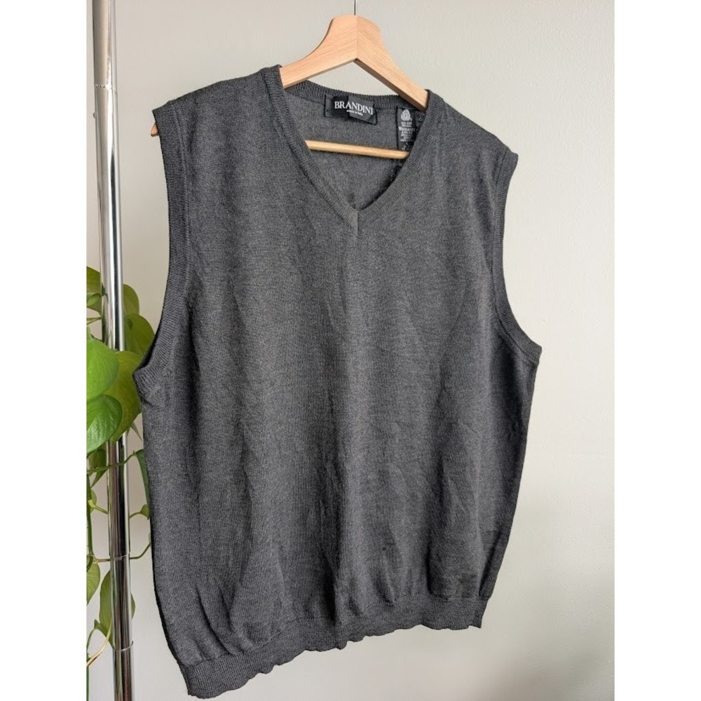 vintage 90s Italian knit vest Brandini L gray 100% extra fine merino wool preppy